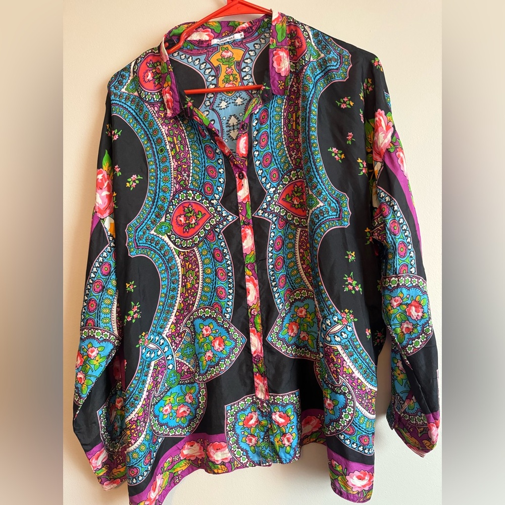 Johnny Was silk top Rose Spark Seline Boho Long Sleeve Blouse medium euc - Picture 2 of 7